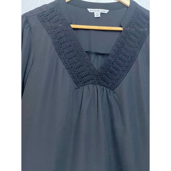 Zac & Rachel Woman Black V-Neck Blouse 2X Ruffle Sleeves Lace Detail Sheer - Picture 3 of 16